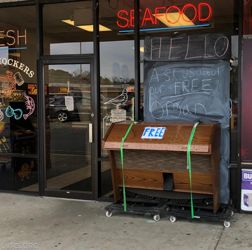 The organ lived with Mike Simmons at Crabknockers Seafood Market for a few days until it was adopted by Choptican HS.